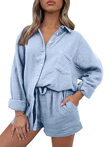 Image of Trendy Queen Two Piece Sets For Women Summer Short Sets | Matching Two Piece Pajama, Lounge Wear, Linen Set, Button-down Top with Matching Shorts, Perfect for Beach, Resort Wear