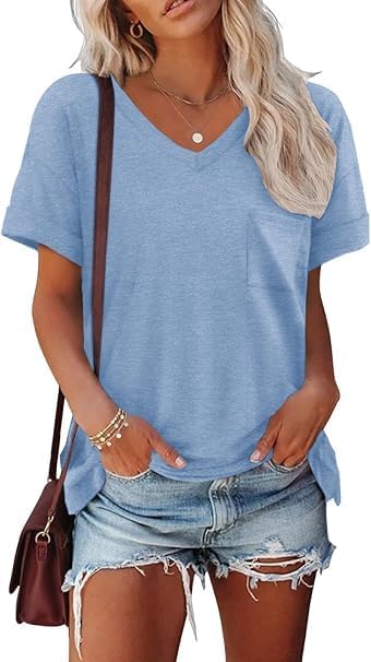Women's V-Neck Short Sleeve T-Shirt, Casual Loose Fit Top with Chest Pocket, Light Blue