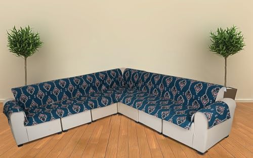 Image of l Shape Sofa Cover 7 Seater | Velvet Quilted Anti-Slip Sofa Cover Protector Covers | Sofa Cover for Living Room | Sofa Slipcovers | 4+3 (L-Shape) Royal Leaf Motif (Teal Elegance)