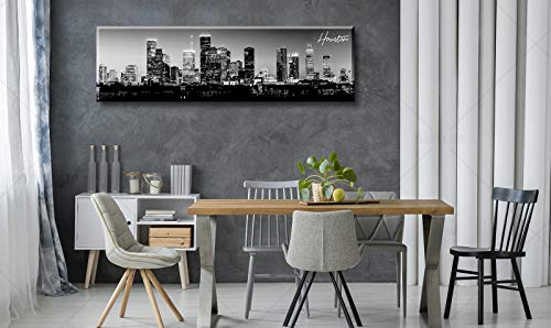 Image of DJSYLIFE Black & White Houston Skyline Canvas Wall Art 13.8 inch x 47.3 inch | Panoramic Skyline Print, Ready to Hang for Bedroom, Office, Living Room Decoration