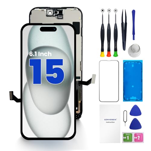 Genverdix for iPhone 15 Screen Replacement, 6.1 inch 3D Touch LCD Display Full HD Repair kit, Digitizer Assembly with Tools Set, Tempered Glass, Waterproof Frame Adhesive