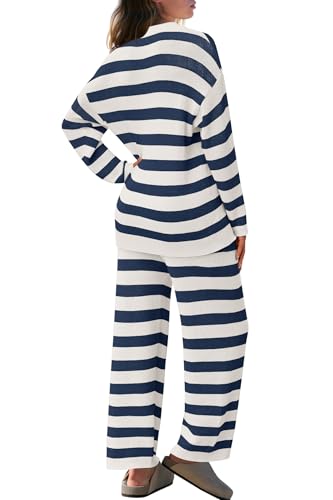 Image of SENSERISE Womens Striped Set Sweater Lounge Sets | Pajamas Set, Loungewear Set, Oversized Knit Sweater, Wide Leg Pants with Pockets, High Waisted, Fall Outfits, Pants Set