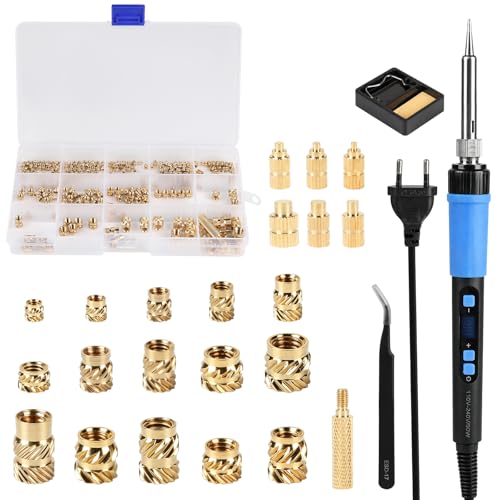 LALAGO 161 Stück Gewindeeinsätze Lötspitzen Set, LED Temperatur Einstellbar Lötkolben Kompatibel 3D Drucker Zubehör mit 150pcs Messing Einschmelzgewinde M2 M3 M4 M5 M6 M8, 6pcs Einschmelzhilfe