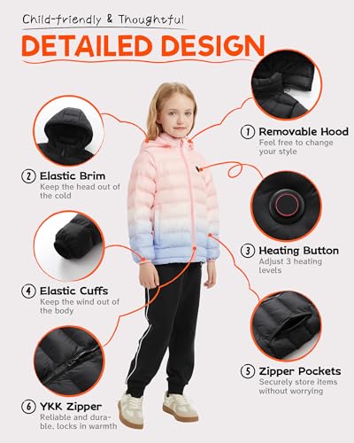 HEWINZE Kids Heated Jacket,Lightweight Water-Resistant Hooded Puffer Heated Coat for child with 5V Battery Pack（Unisex）3