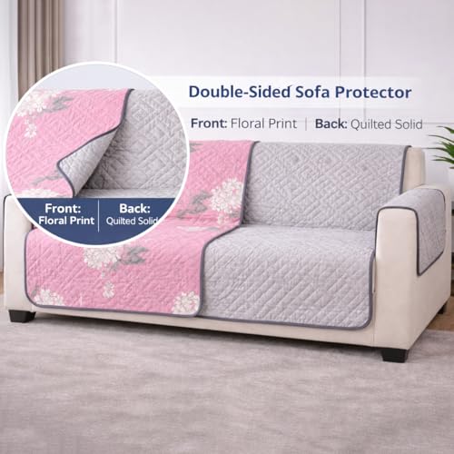Image of STITCHNEST 'Double Vie Collection Series' Cotton Quilted Reversible Sofa Cover 2 Seater with Arm Rest and Pocket | Size 48x60 Inch