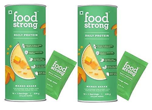 Foodstrong Whey Protein Powder (Concentrate + Isolate), 100% Hormone Free Grass-Fed Whey, 24G Protein & 6.6G BCAA, Mango, With Turmeric & Digestive Enzymes, 16 Sachets, 560G (Pack Of 2)