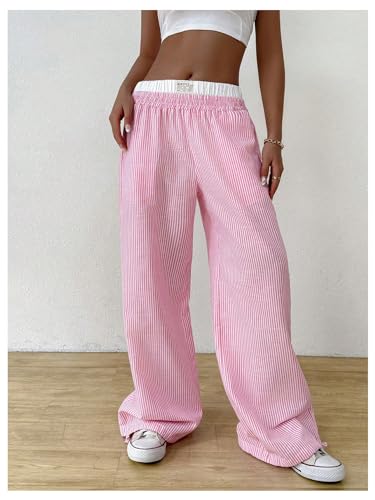 SHENHE Women's Color Block Striped Baggy Pants Wide Leg Loose Casual Y2k Long Pants3