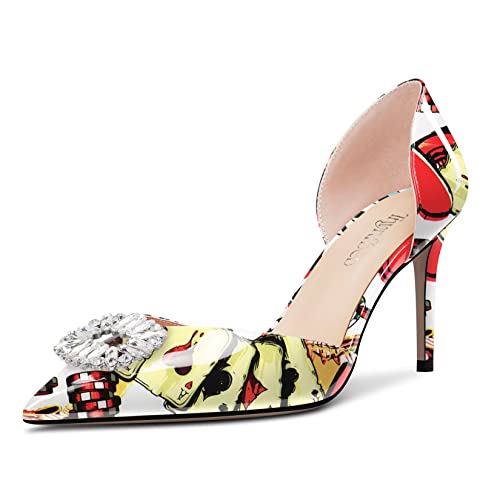 TNYNFBEB Women Mid Heel Close Pointed Toe Pumps Slip-on Rhinestone Crystal Wedding Party Cute Basic Classic 3.2 Inches Heels