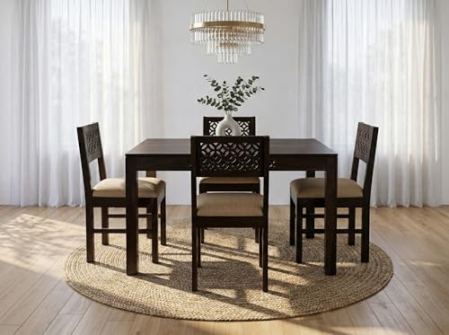 Image of RECTART Solid Wood Dining Table Set with Chairs for Living Room Home | Wooden Dining Room Sets Furniture for Hotels and Restaurants | (CNC-Cream-W, 4 Seater)