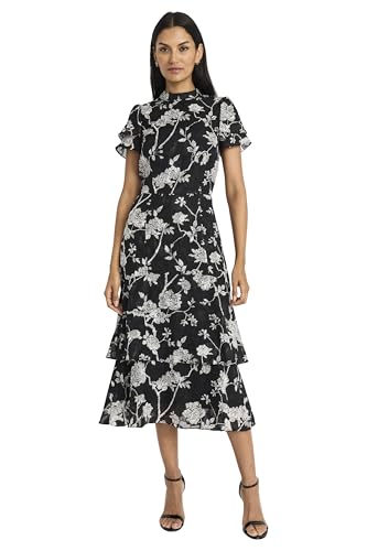 Maggy London Women's Elegant Midi Ruffled Sleeves-High Neck-Tiered Skirt-Versatile Cocktail Dress