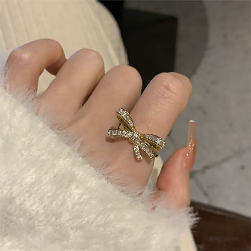 Gold Rhinestone Bow Knuckle Ring,Cute Shiny Multi Row Cubic Zirconia Statement Ring,Silver Shiny Engagement Wedding Band Jewelry Gift4