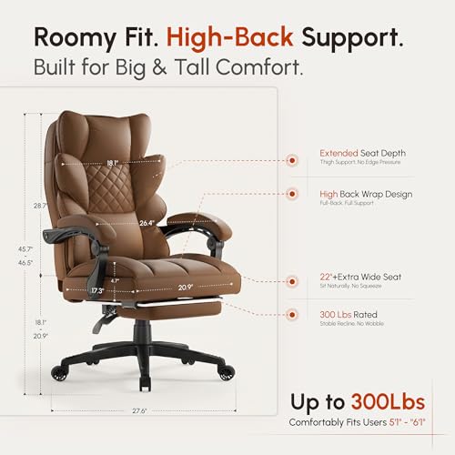 Image of Dowinx Big and Tall Office Chair with Pocket Spring Cushion,High Back Computer Gaming Chairs with Linkage Armrests,Executive Desk Chairs with Footrest,PU Leather-Brown