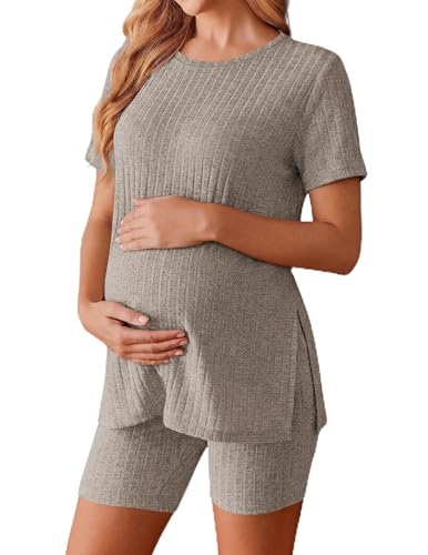 Image of Ekouaer Maternity Sets 2 Piece Outfits Ribbed Knit Short Sleeve Shirts and Biker Shorts Pregnancy Loungewear Mama Clothes