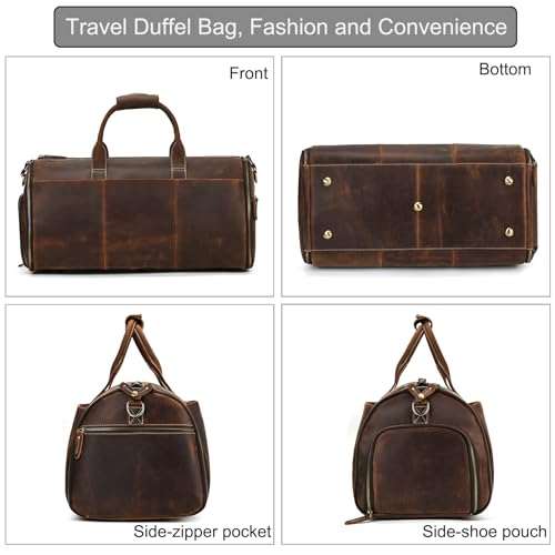 Full-grain Leather Garment Bag Large Capacity Travel Bag Business Suit Carrier Bag with Shoe Compartment, Overnight Gym Sports Duffel Bags for Men Women, Coffee3