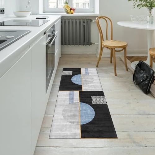 Alfombra de pasillo lavable gris y azul de 80x180 cm para cocina 5