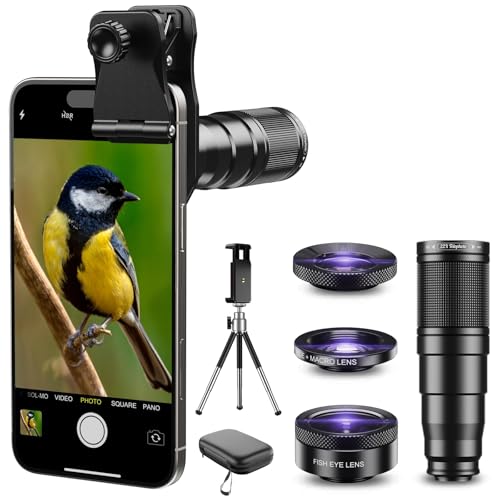 Evil Eye 22X Teleobjektiv-Set, 4-in-1 Teleobjektiv für Smartphone mit 22X Vergrößerung, 205° Fisheye & 120° Weitwinkel + Universalclip für iPhone 12-17-Serie/Samsung, Huawei & die Meisten Anderen