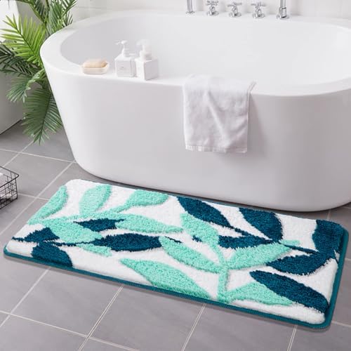 Oppakou Large Non Slip Bath Mat 50x120 cm, Blue Absorbent Leaf Bath Mat, Soft Microfiber ...