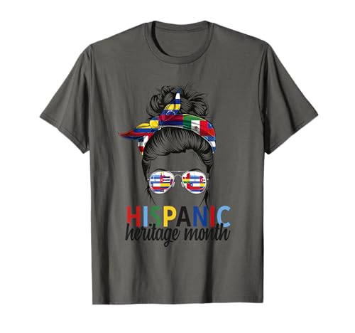Hispanic Heritage Month all Countries Flags women messy bun T-Shirt