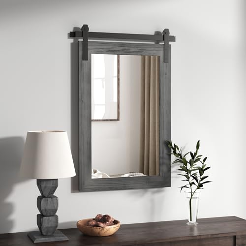 Image of COGOOD Bathroom Mirrors for Over Sink - 22 x 30 Farmhouse Barn Door Wall Mirror for Bathroom, Living Room, Entryway Wall Decor Grey