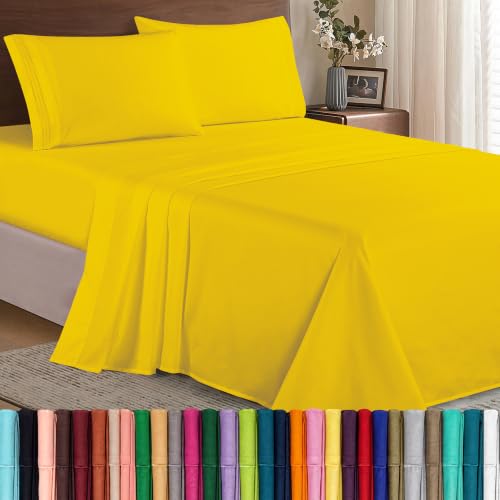 Image of Elegant Comfort Luxury Quality Microfiber 4-Piece 1500 Premium Hotel Sheet Set-Wrinkle Resistant, All Around Elastic Fitted Sheet, Deep Pocket up to 16 inch, Cali King, Yellow