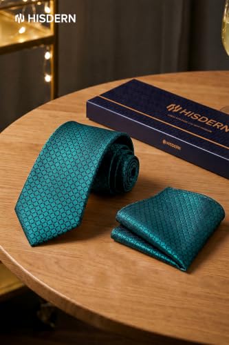 Image of HISDERN Ties for Men Plaid Checkered Tie with Pocket Square Woven Business Formal Necktie Handkerchief Set Wedding Party