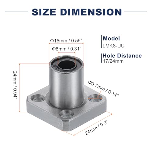 QUARKZMAN 2 Stück LMK8 UU Linearkugellager 8mm Bohrung 15mm Außendurchmesser 24mm Länge Runde Flansch vernickelt mit Schrauben für CNC Maschine 3D Drucker
