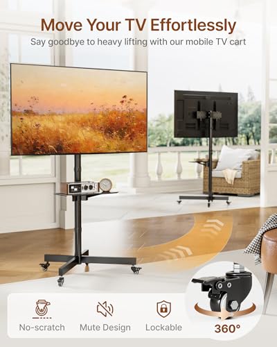 Image of Heavy-Duty Rolling TV Stand for 23 inch-60 inch Screens, Supports 121 lbs (99 lbs TV + 22 lbs Shelf), Stable Mobile TV Cart with Height & Tilt Adjustment, Portable TV Stand on Wheels, Max VESA 400x400