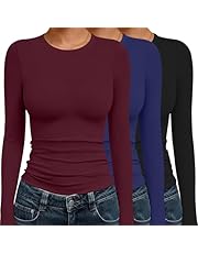 Ekouaer 3 Pack Women Long Sleeve Crew Neck Shirts Basic Thermal Tops Slim Fit Ruch Side Tees Going Out Layering Tees XS-XXL