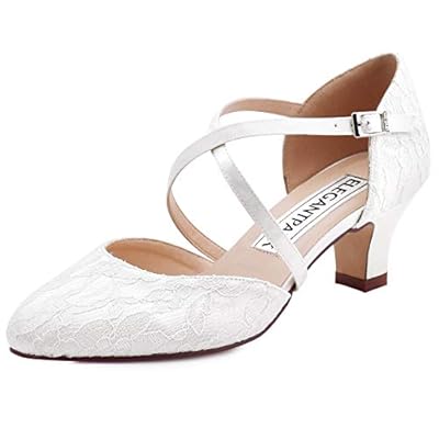 Elegantpark HC1920 Damen Geschlossene Zehen Kreuz Bände Schnalle Komfort Absatz Hochzeitsschuhe Spitze Lace Brautschuhe