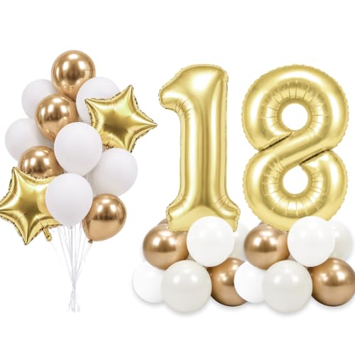Image of PartyWoo Gold Number 18 Balloon 40 Inch 33pcs Metallic Gold Foil Star White
