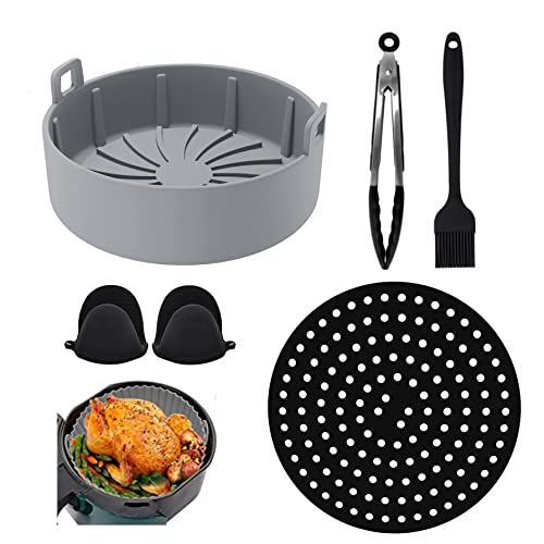 Focusynn - Olla de Silicona y Alfombrilla Reutilizables para Freidora de Aire. Juego de 6 piezas Accesorios Brocha Pinzas Guantes para Freidora sin aceite (Redondo) Cover