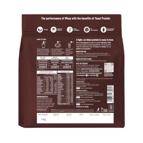 Image of Mille Dark Chocolate Yeast Protein Powder (NEW LAUNCH) | 24g Protein /Scoop | NO BLOAT | NO Added Sugar | Fermented Yeast Protein Powder | Vegan | Has All 9 Essential Amino Acids | No Adulteration | 1kg