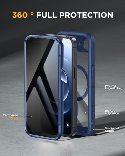 Image of miracase for iPhone 17e & 16e Case with Built-in Private Screen Protector, [Magnetic with MagSafe] Full-Body Phone Cover Military Drop Proof 17 E / 16 E Bumper 6.1 inch, Blue