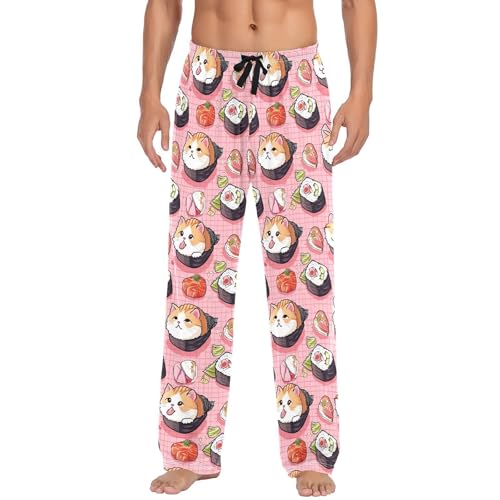 Men's Sushi Kawaii Pattern Pajama Pants with Pockets - Straight Fit Cotton Sleep Bottoms for Lounge & Nightwear#9462