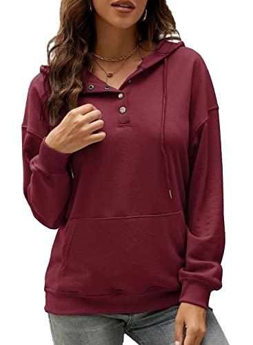 Ranphee Sudadera con Capucha para Mujer, Camisas Ligeras con Botones para Invierno, tamaño pequeño Borgoña M Cover