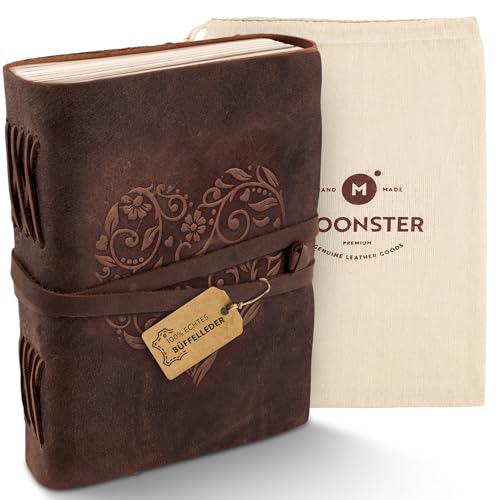 moonster Notizbuch mit 400 Seiten aus Leder mit Herz - Vintage Tagebuch Liniert 20x15cm - Dickes Journal - Ideal als Reisetagebuch & Geschenk für Damen & Herren