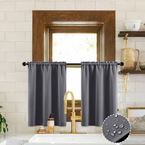 XTMYI Kleiner Badezimmer-Fenstervorhang, wasserdicht, Kurze Verdunkelungsvorhänge für Wohnzimmer, Küche, Grau, 91,4 cm Länge – Ansicht 5