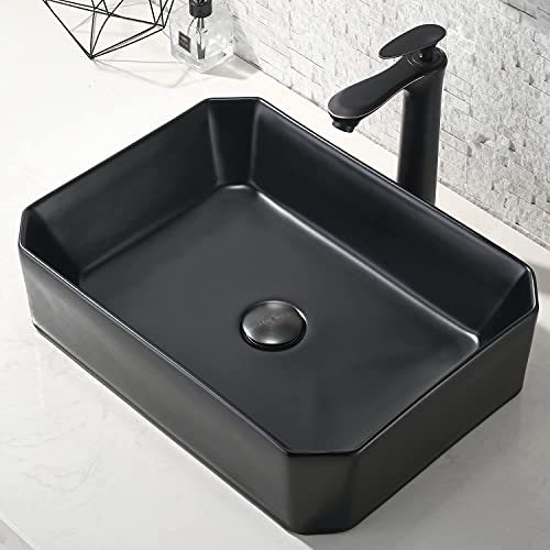 Black Rectangle Vessel Sink, Hovheir 20X15 Inch Above Counter Bathroom Sink Matte Black Porcelain Ceramic Sink Art Basin Washing Bowl Sinks #TOP1