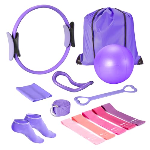 Ideal Swan Pilates Ring Essentials Kit for Women, Large Pilates Ring Workout Equipment Set with 9.8” Ball, Resistance Bands, Accessories, Purple Pilates Set for Beginners, Toning, Fitness Gift(13PCS)