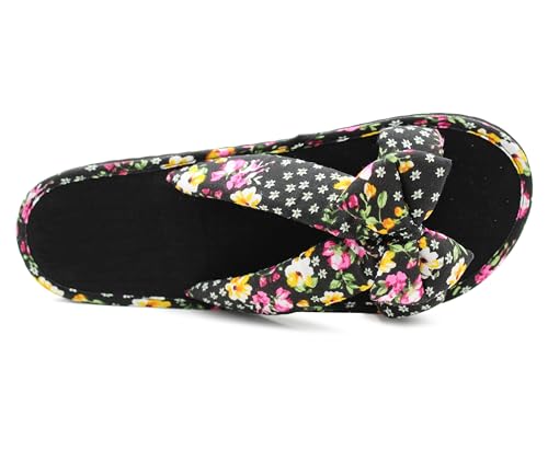 IMTY Womens Floral Mule Sandals Slip On Summer Beach Flip Flops Ladies Flat Bow Sliders Spa Pool Slides (Black Floral, UK Footwear Size System, Adult, Women, Numeric, Medium, 6) - Image 5