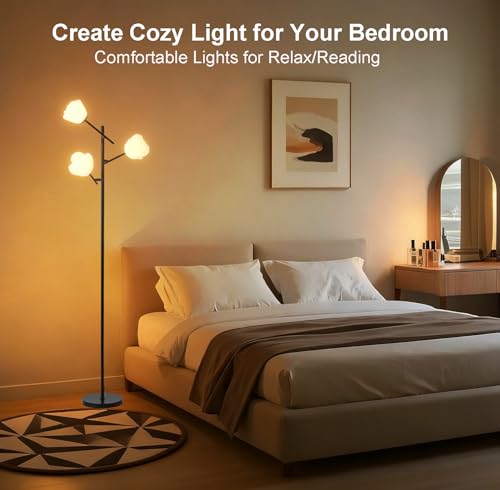 Image of Fiqevs Mid Century Modern Floor Lamp with 3 Adjustable Flower Shade - Floral LED Standing Light with Foot Switch & Light Bulb, Sputnik Tree Lamp for Living Rooms Bedrooms - Black