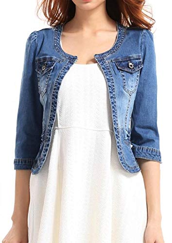 Fundu Women's Crew Neck Denim Cotton Blue Cute Three Quarter Sleeves Short Jacket US 4