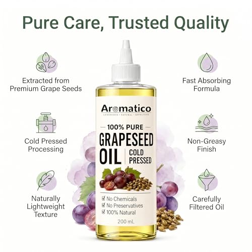 Image of AROMATICO Cold Pressed Grapeseed Oil for Hair & Skin - Lightweight Grape Seed Oil for Oily Scalp, Acne-Prone Skin & Body Massage | 200ml