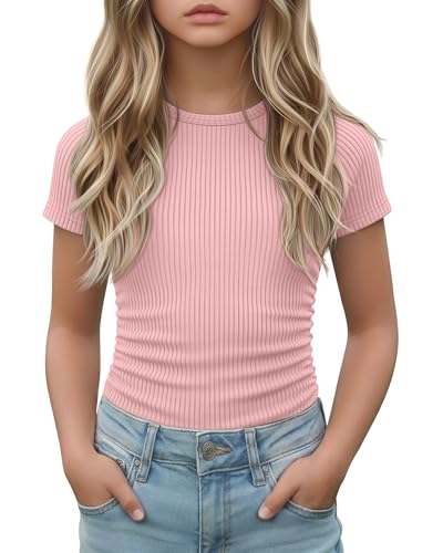 LessonZoo Girls Short Sleeve Shirts Kids Ribbed Knit Side Ruched Tops Crew Neck Slim Fit Tees Summer Basic Cute 5-14 Years(Light Pink 9-10 Years)