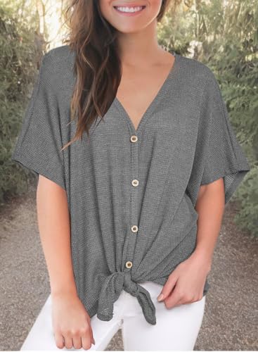 MIHOLL Womens Loose Blouse Short Sleeve V Neck Button Down T Shirts Tie Front Knot Casual Tops (Medium, P- Dark Grey)