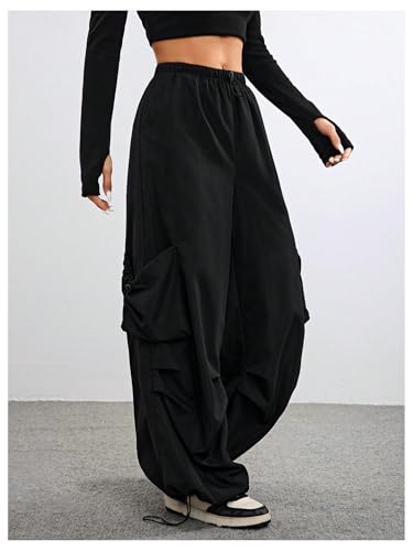 OYOANGLE Women's Baggy Cargo Pants Drawstring Drop Waist Wide Leg Trousers Streetwear2