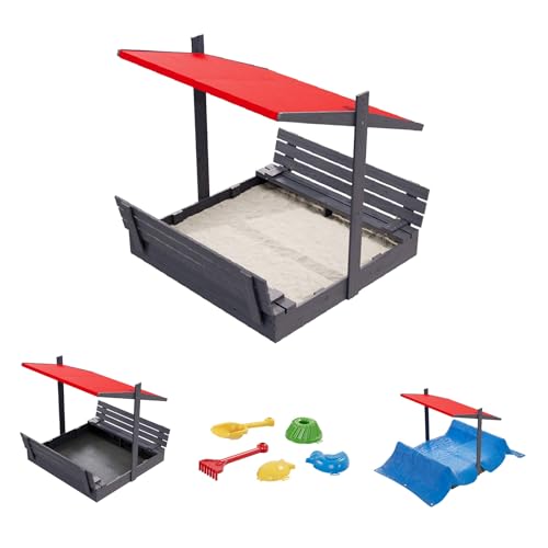QLS Sandkasten aus Holz 150x150 cm mit Sitzbank Dach und Abdeckung imprägniert für Garten (Rot, 150 cm)