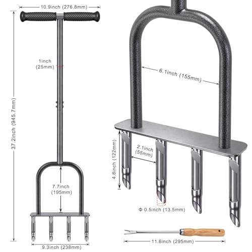 Dolibest Dolibest Rasenlüfter Manuell, Rasen Belüfter Hohlzinken Aerifiziergabel Gardena Rasenspecht Rasenlöcher Langstiel Bodenbelüften Werkzeug 4 Kerne Halboffener mit Reinigungswerkzeug für Rasenpflege - Detailansicht 2 | TV | Video | Foto