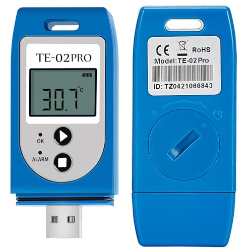ThermElc TE-02 Pro Temperatur Datenlogger Automatischer PDF/CSV-Bericht, Wiederverwendbar, Vergleich von Daten Mehrerer Geräte, Überwachung von Kühl, Temperaturrekorder Konform mit 21CFR Teil 11