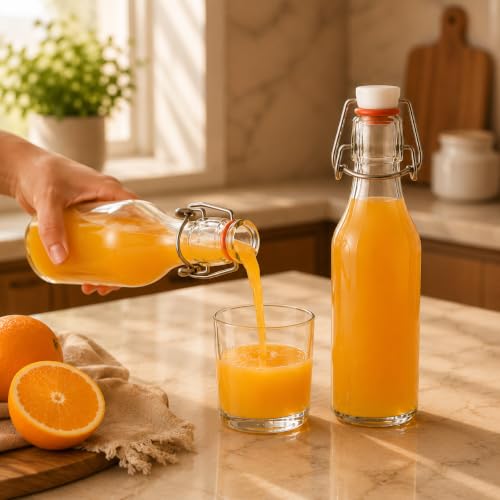 Image of Clear Glass Bottles with Airtight Swing Top Lids - Leakproof Reusable Glass Jars for Juice, Oil, Water, Milk, Kombucha, Vinegar, Beverages - Round, Pack of 2